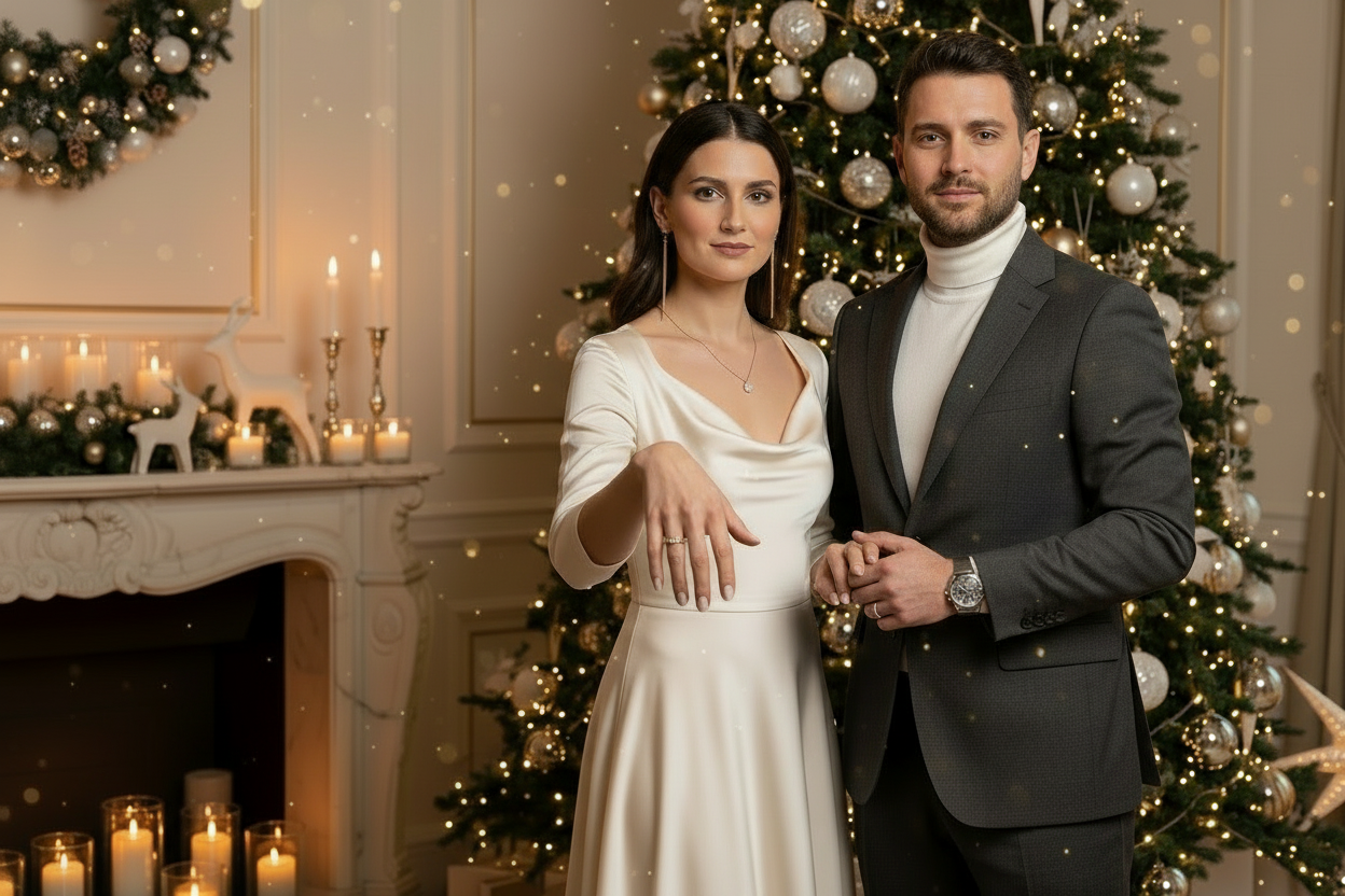 una escena de una pareja elegante, moderna con joyas y ambiente de navidad donde las manos se ven perfectas