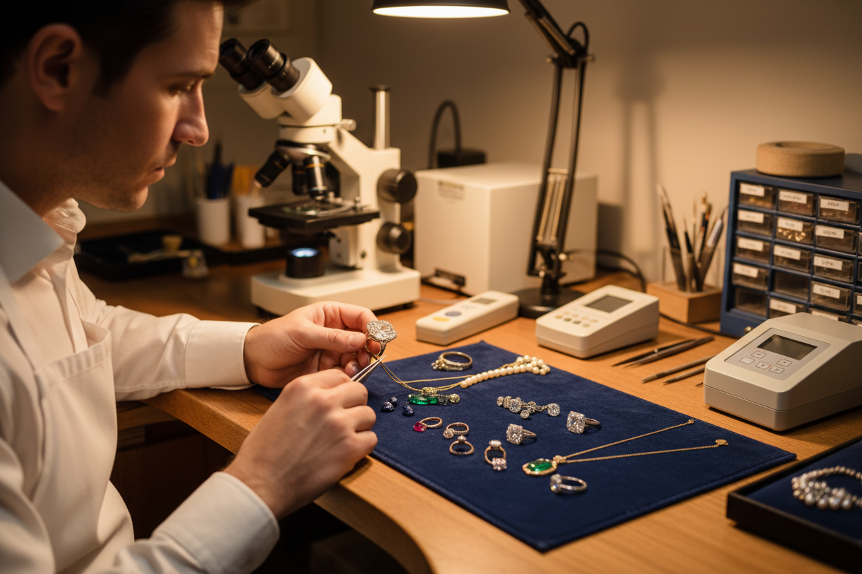 esta bien pero que no se vea el rostro del joyero y que aparezca con delantal blanco