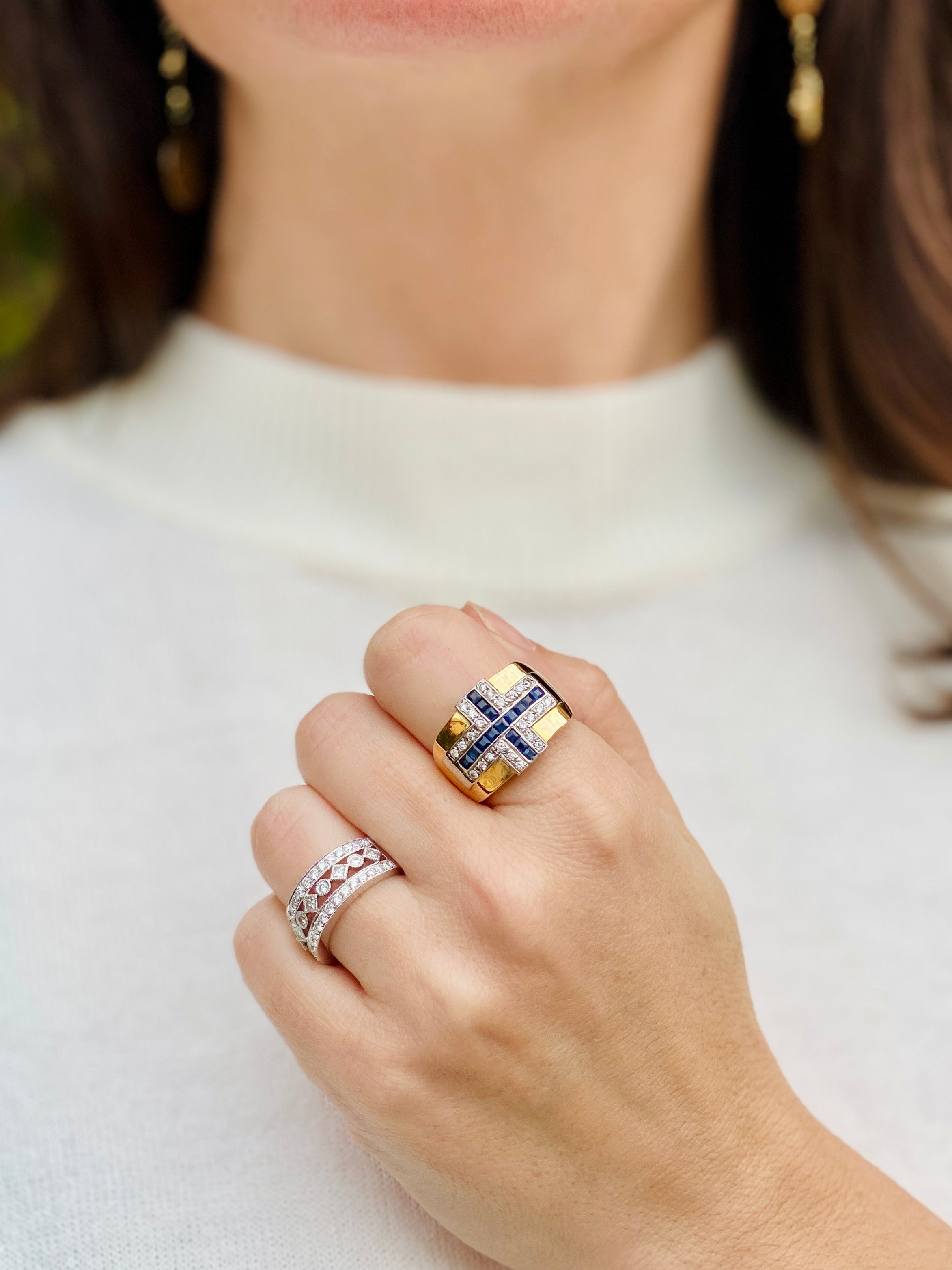 Anillo Bi-Color zafiros & Diamantes